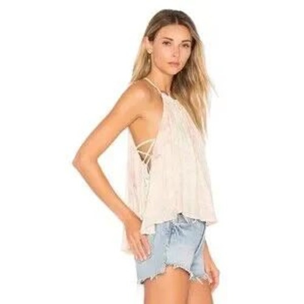 Free‎ People Peach Mint Green Abstract Lace Up Side Halter Tank Top Small - Picture 8 of 9